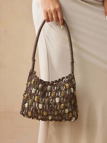 SHEIN SXY 女士、女式单肩包、流浪包、钩针包、亚克力彩色石珠、时尚、优雅、简约、个性化、多功能、适合海滩、度假、节日、夏季、海边、日常、下午茶、海滩派对 - 咖啡 - 查看 2