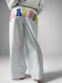 Missguided x Playboy Wide Leg Joggers With Colorful Letter Applique Patches Casual Loungewear Sweatpants For Fall Winter Comfort - Light Grey - View 1