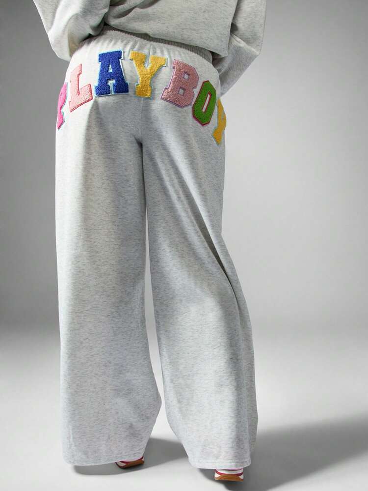 Missguided x Playboy Wide Leg Joggers With Colorful Letter Applique Patches Casual Loungewear Sweatpants For Fall Winter Comfort