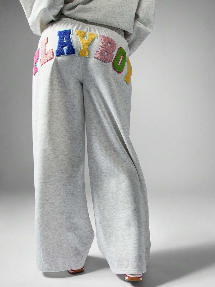 Missguided x Playboy Wide Leg Joggers With Colorful Letter Applique Patches Casual Loungewear Sweatpants For Fall Winter Comfort - Light Grey - View 1