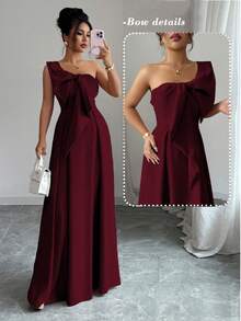 Elenzga 不对称大蝴蝶结腰A字优雅浪漫女装 - 酒紅色 - 查看 3