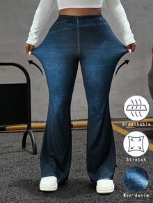 SHEIN EZwear 大码休闲牛仔效果喇叭裤 - 彩色 - 查看 1