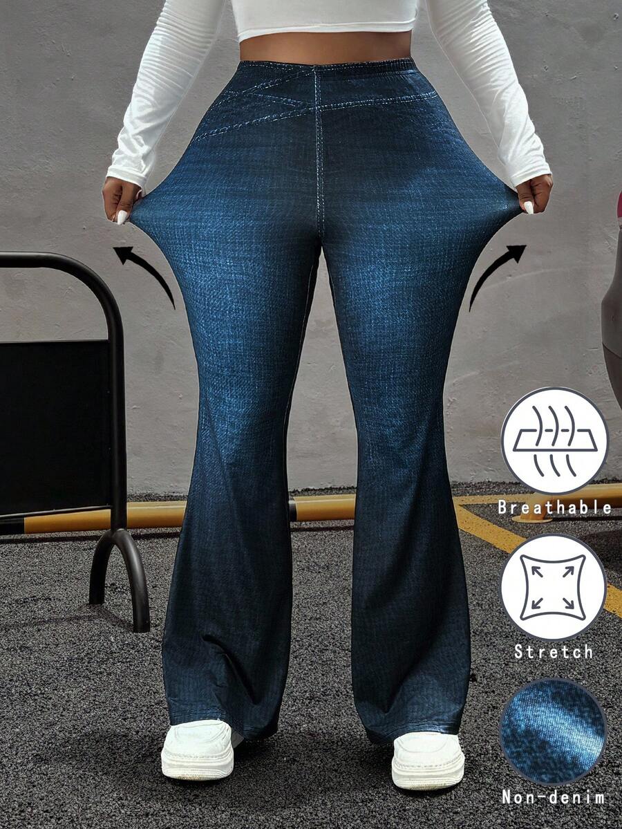 SHEIN EZwear 大码休闲牛仔效果喇叭裤 - 彩色 - 查看 1