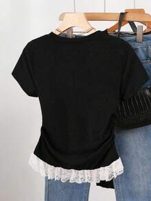 SHEIN 女士休闲百搭蝴蝶结图案圆领短袖 T 恤 - 黑色 - 查看 2