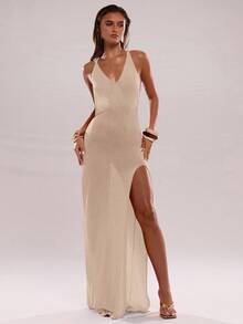 SHEIN BAE Women's Backless, Side Slit Hem Sexy Camisole Knit Dress In Fall/Winter - Khaki - View 3