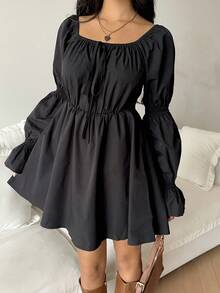 SHEIN EZwear Damen einfarbiges langärmliges Plissee-Rüschen-Saum Lässig modisches Mini-Kleid - Schwarz - Übersicht 3