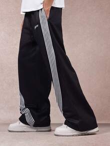 SUMWON Men Wide Leg Track Pants Side Stripe Print Casual Bottoms Drawstring Waist Soft Comfortable Streetwear Relaxed Loungewear Versatile Fall Winter - Black - View 4