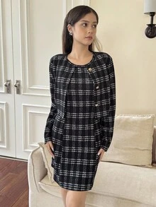 2 件套青少年女孩优雅甜美黑色长袖上衣夹克和连衣裙套装格子连衣裙格纹连衣裙学院风连衣裙粗花呢连衣裙女士休闲连衣裙 - 黑色 - 查看 5