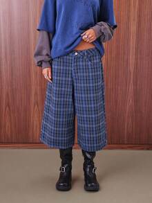 COUREZ Low Rise Longline Check Shorts /Y2K Going Out Outfits  Women Clothes  Clothes Spring Clothes Back To School Wide Leg Pants - Navy Blue - View 3