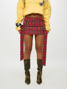 SUMWON WOMEN Holiday Festival Plaid Mini Skirt Studded Tartan Check Pattern Belt Detail High Rise Grommet Winter Party Club Short Skater Skirt - Multicolor - View 1