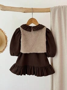 Blossori 2件套女婴法式优雅荷叶边领连衣裙和毛茸茸背心套装 - 棕色 - 查看 2