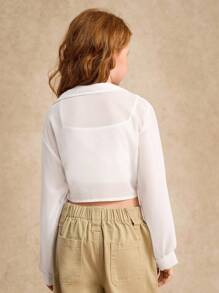 SHEIN 少女纯色轻薄夏季纽扣衬衫，适合秋冬季穿着 - 白色 - 查看 3