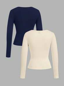 SHEIN EZwear 2 件女式海军蓝和杏色方领修身长袖休闲 T 恤套装，适合秋冬季 - 彩色 - 查看 2