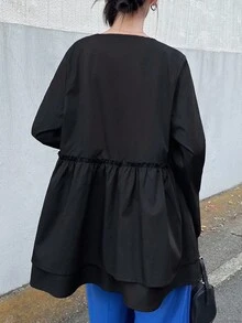 FRIFUL 女士黑色纯色V领长袖荷叶边宽松休闲百搭常规外套，适合机场旅行和外出，秋季女士外套 - 黑色 - 查看 5