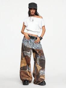 ROMWE Street Life Y2K 街头潮流朋克拼布印花宽松阔腿牛仔裤 - 彩色 - 查看 5