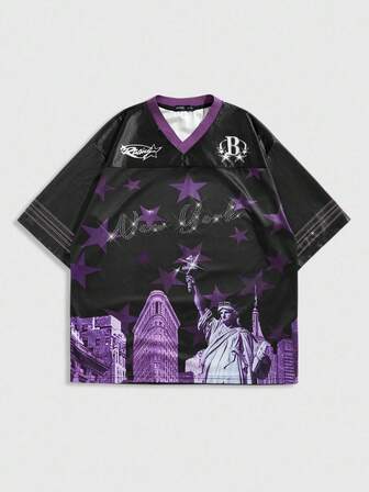 Prep Camiseta casual con gráfico de la Estatua de la Libertad con rhinestones, estilo universitario de los años 2000 para hombres