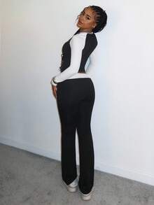 StreetHx 女式字母印花 V 领撞色修身两件套 - 黑與白 - 查看 2