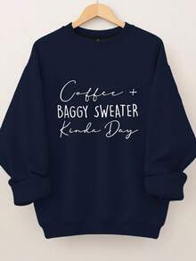 EMERY ROSE Plus Size Women's Letter Print Hot Selling Round Neck Sweatshirt Fall Cloth For Women Winter Autumn - Navy Blue - View 1