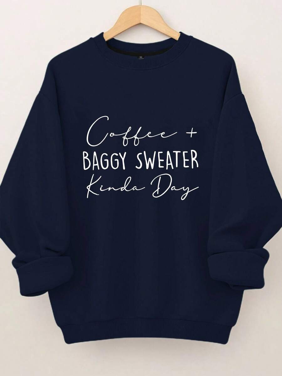 EMERY ROSE Plus Size Women's Letter Print Hot Selling Round Neck Sweatshirt Fall Cloth For Women Winter Autumn - Navy Blue - View 1