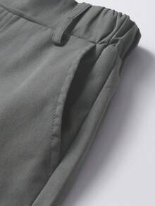 SHEIN Young Boy's Casual Comfortable Solid Color Pants - With Single Button Decor, Slanted Pockets, Elastic Waist Design, Suitable For Daily Wear, Travel, Parties And Festivals, Fashion Versatile, School, Campus, College,ChicAutumn,Halloween, Christmas Fall Winter - Dark Grey - View 4