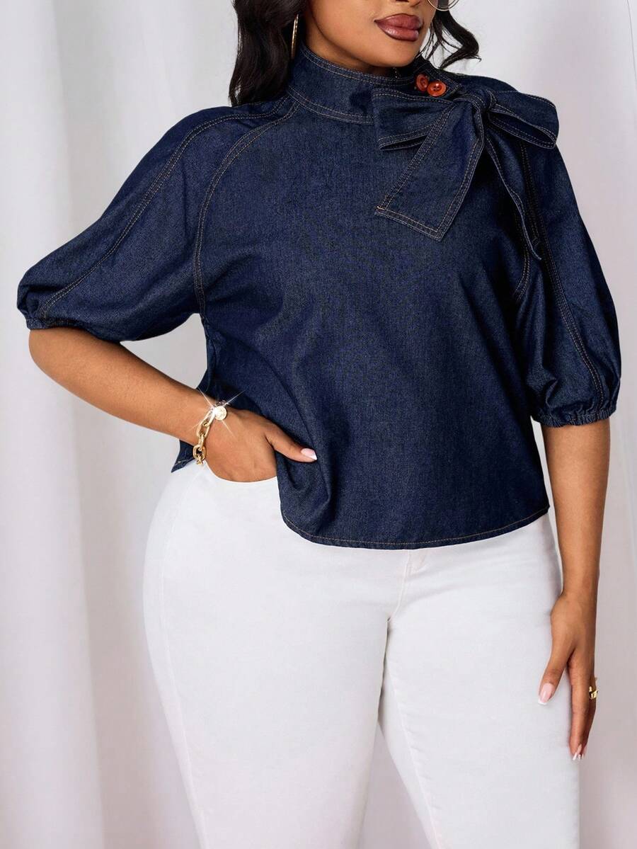 SHEIN Lady Áo cánh denim trang trí nơ màu trơn cỡ lớn - Rửa tối - Xem 1