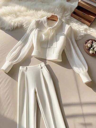 Selianne 女士优雅通勤纯色长袖领结衬衫和裤子套装