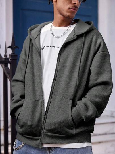 Manfinity Dauomo 男士纯色口袋长袖拉链连帽衫，秋季休闲