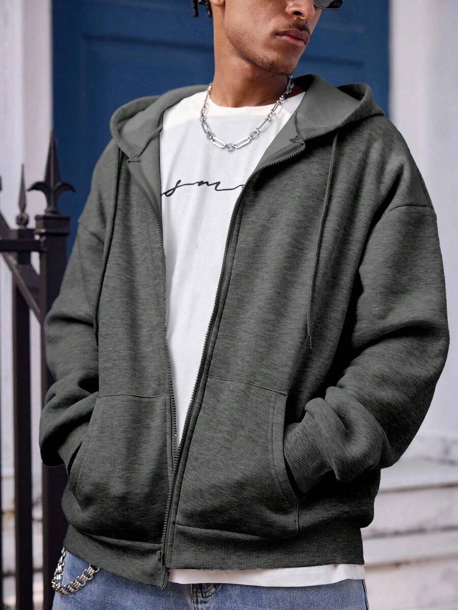 Manfinity Dauomo Áo hoodie dài tay có túi màu trơn dành cho nam, thường ngày cho mùa thu - Màu xám đen - Xem 1