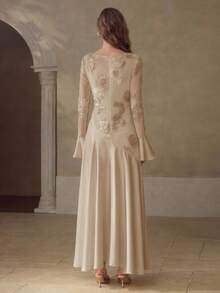 MOTF PREMIUM EMBROIDERY CONTRAST MESH DRESS - Khaki - View 3