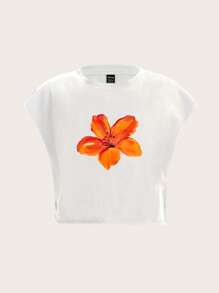 Slaydiva Plus Size Casual And Simple Flower Pattern T-Shirt, Suitable For Summer - White - View 2