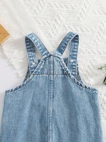 SHEIN Playful Pals 男婴牛仔背带裤，复古休闲风格，可调节肩带，字母和图案印花，适合所有季节 - 藍色 - 查看 6