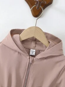 SHEIN Elladie kids 1 件年轻女孩纯色休闲连帽夹克，腰部设计，适合秋冬穿着，适用于学校、户外活动、家庭聚会，提供温暖和舒适 - 卡其色 - 查看 3