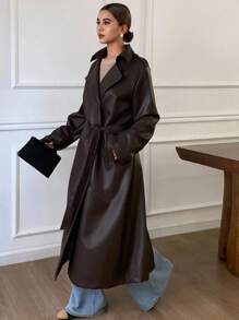 Livesso 秋冬新款宽松休闲加厚优雅重磅PU长款女式常规夹克皮夹克女式外套