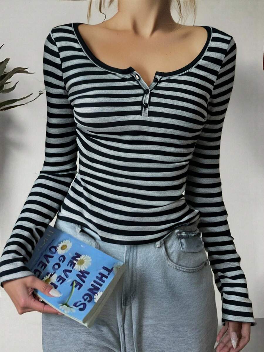 SHEIN 少女黑灰色条纹半拉链休闲简约针织长袖 T 恤 - 黑色 - 查看 1