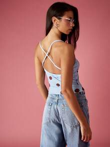 MISSGUIDED Áo crop top chấm bi không tay dây mảnh mùa hè thiết kế chéo lưng đơn giản, thoải mái, dễ mặc, trang phục nhiều lớp thiết yếu - Màu xanh nhạt - Xem 2