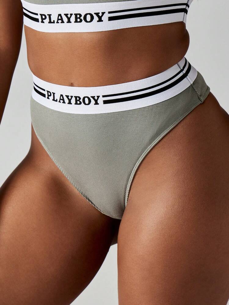 Missguided x Playboy リブ編みのクロップトップとロゴバンド付きハイウエストブリーフ