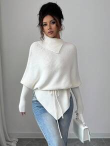 Elenzga Women's High Neck Batwing Sleeve Asymmetrical Hem Tie Waist Sweater Fall Winter Cloth For Women - Beige - View 6