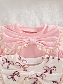 SHEIN 4 件套女婴秋季新款服装，包括蝴蝶结领荷叶边装饰长袖 T 恤和蝴蝶印花喇叭裤，纯粉色，休闲时尚，适合居家、外出、通勤 - 彩色 - 查看 4
