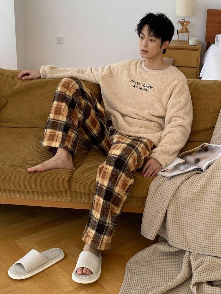 Men's Letter Embroidery Design Fleece Sweatshirt And Plaid Pants Loungewear Set, Autumn/Winter, Fall Clothes Fluffy Pajama, Cozy