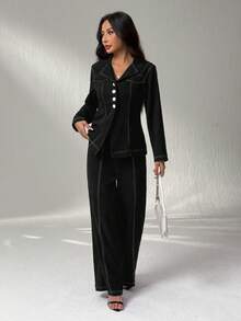 SHEIN PETITE 纽扣长袖衬衫和休闲裤套装 - 黑色 - 查看 5