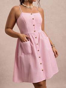 SHEIN VCAY Plus Size Pastel Pink Summer Casual Striped Sleeveless Midi Dress,Smart Casual Vacation Holiday Curve Sundress With Pockets,Bohemian Teacher Outfits - Multicolor - View 6