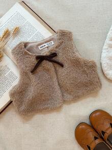 Blossori 2件套女婴法式优雅荷叶边领连衣裙和毛茸茸背心套装 - 棕色 - 查看 3