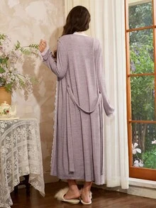 Côtesoire 撞色蕾丝拼接浪漫法式风女士睡衣套装，蕾丝边饰睡袍睡衣套装，薰衣草色连衣裙，秋冬服装 - 淺灰紫 - 查看 2