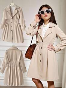 SHEIN Jaket Trench Coat Panjang Berkerah Warna Polos Longgar Kasual untuk Anak Perempuan Remaja, Warna Beige, Mantel Lucu, Pakaian Musim Gugur/Dingin - Khaki - View 6