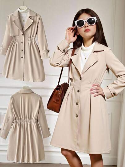 SHEIN Tween Girls Casual Loose Fit Solid Color Collared Long Button-Up Trench Coat Jacket Beige Coat Cute Coat Clothes,In Fall/Winter