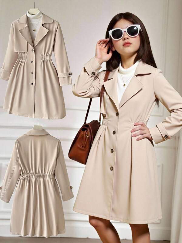 SHEIN Tween Girls Casual Loose Fit Solid Color Collared Long Button-Up Trench Coat Jacket Beige Coat Cute Coat Clothes,In Fall/Winter