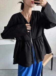 FRIFUL 女士黑色纯色V领长袖荷叶边宽松休闲百搭常规外套，适合机场旅行和外出，秋季女士外套 - 黑色 - 查看 1