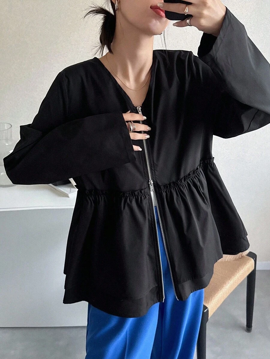 FRIFUL 女士黑色纯色V领长袖荷叶边宽松休闲百搭常规外套，适合机场旅行和外出，秋季女士外套 - 黑色 - 查看 1