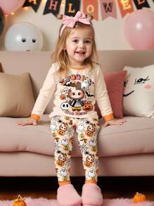 SHEIN Cremefarbenes helles Apricot, süßes und lustiges Cartoon Halloween Kürbis, Geist, Spinnennetz, Fledermaus, Totenkopf, Tiermuster Baby Mädchen Lässig Minimalistisch Weich Bequem Rundhals Langarm T-Shirt und Leggings Thermisch gefütterte dicke Pyjamas, geeignet für Herbst/Winter - Verschiedenfarbig - Übersicht 5