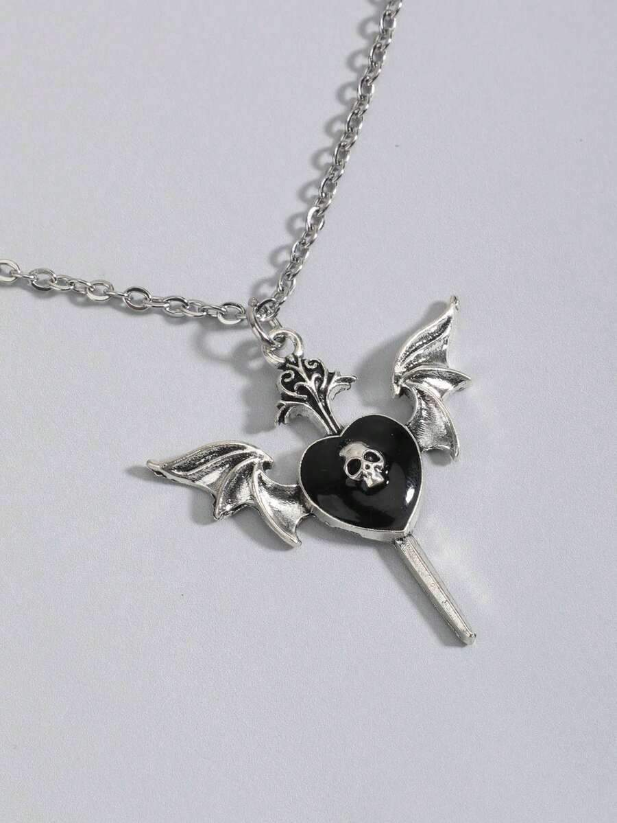 ROMWE Vintage Gothic Style Bat, Flower, Heart, Wing, Skull, Sword Pendant Necklace - Black - View 1